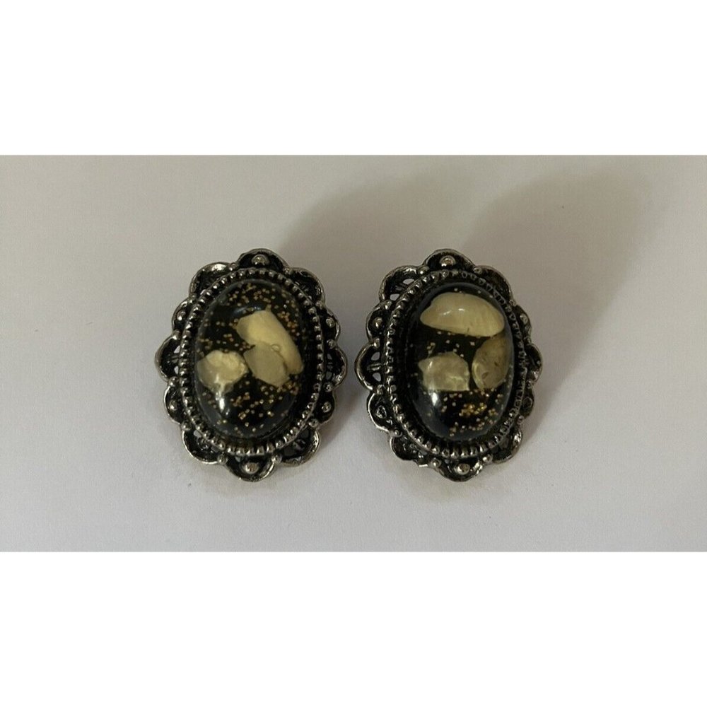 Vintage Gold Fleck Lucite Clip On Earrings Confetti Resin MCM Retro